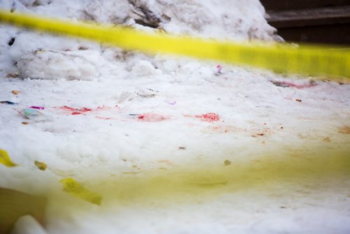 MIKAELA MACKENZIE / WINNIPEG FREE PRESS
Red spots in the snow at 456 Langside in Winnipeg on Monday, March 18, 2019. Police responded to a serious incident at the location on Sunday evening.
Winnipeg Free Press 2019.