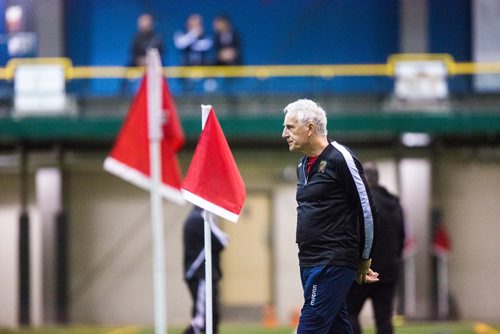 MIKAELA MACKENZIE / WINNIPEG FREE PRESS
Technical consultant John Peacock, a new addition to the Valour FC coaching staff, watches practice at the Subway South Soccer Complex in Winnipeg on Monday, March 18, 2019. 
Winnipeg Free Press 2019.