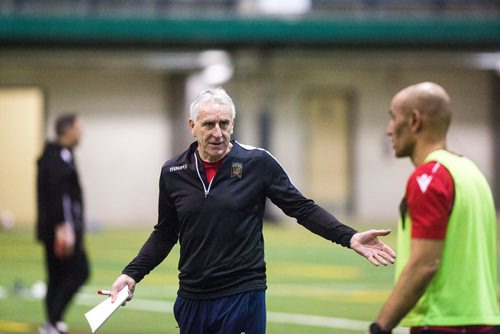 MIKAELA MACKENZIE / WINNIPEG FREE PRESS
Technical consultant John Peacock, a new addition to the Valour FC coaching staff, watches practice at the Subway South Soccer Complex in Winnipeg on Monday, March 18, 2019. 
Winnipeg Free Press 2019.