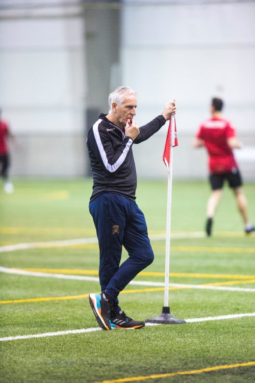 MIKAELA MACKENZIE / WINNIPEG FREE PRESS
Technical consultant John Peacock, a new addition to the Valour FC coaching staff, watches practice at the Subway South Soccer Complex in Winnipeg on Monday, March 18, 2019. 
Winnipeg Free Press 2019.