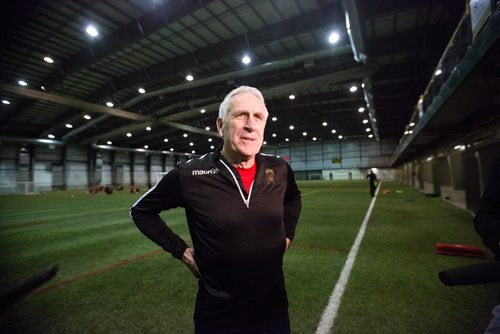 MIKAELA MACKENZIE / WINNIPEG FREE PRESS
Technical consultant John Peacock, a new addition to the Valour FC coaching staff, talks to media at practice at the Subway South Soccer Complex in Winnipeg on Monday, March 18, 2019. 
Winnipeg Free Press 2019.