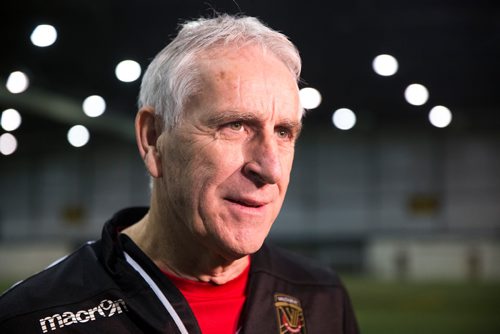 MIKAELA MACKENZIE / WINNIPEG FREE PRESS
Technical consultant John Peacock, a new addition to the Valour FC coaching staff, talks to media at practice at the Subway South Soccer Complex in Winnipeg on Monday, March 18, 2019. 
Winnipeg Free Press 2019.