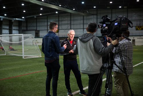 MIKAELA MACKENZIE / WINNIPEG FREE PRESS
Technical consultant John Peacock, a new addition to the Valour FC coaching staff, talks to media at practice at the Subway South Soccer Complex in Winnipeg on Monday, March 18, 2019. 
Winnipeg Free Press 2019.