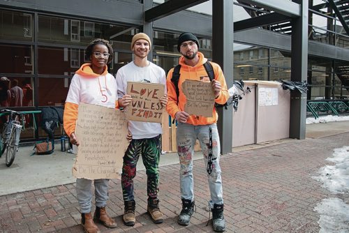 Canstar Community News March 13, 2019 - William Sass, Aiseosa Imasuen and Jacob Sawchyn slept outside at the University of Winnipeg for five days last week to raise awareness about homelessness. (EVA WASNEY/CANSTAR COMMUNITY NEWS/METRO)