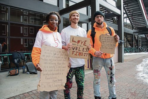 Canstar Community News March 13, 2019 - William Sass, Aiseosa Imasuen and Jacob Sawchyn slept outside at the University of Winnipeg for five days last week to raise awareness about homelessness. (EVA WASNEY/CANSTAR COMMUNITY NEWS/METRO)