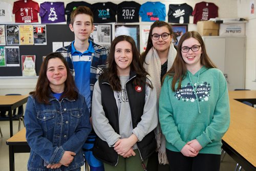 MIKE DEAL / WINNIPEG FREE PRESS
(from left to right) Emma Klos, Dylan Kurjewicz, Katelyn Furgala, Shayla Marques, and Gwen Greenhill are five of the thirty students from Springfield Collegiate Institute in Oakbank, MB who are travelling to Europe this Wednesday to visit three sites where Jewish people were murdered by Nazis in the Holocaust.
This trip isnt a part of a particular class  its an extracurricular trip that was open to any grade 11 or 12 Springfield Collegiate student interested.
190318 - Monday, March 18, 2019.