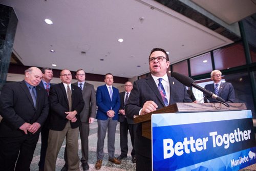 MIKAELA MACKENZIE / WINNIPEG FREE PRESS
Municipal Relations Minister Jeff Wharton announces an additional $10 million in unconditional operating funding to rural municipalities at the RBC Convention Centre in Winnipeg on Tuesday, March 19, 2019. 
Winnipeg Free Press 2019.