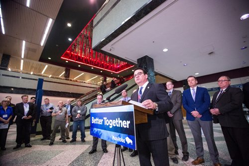 MIKAELA MACKENZIE / WINNIPEG FREE PRESS
Municipal Relations Minister Jeff Wharton announces an additional $10 million in unconditional operating funding to rural municipalities at the RBC Convention Centre in Winnipeg on Tuesday, March 19, 2019. 
Winnipeg Free Press 2019.