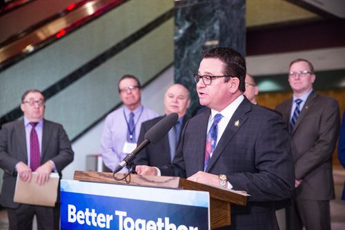 MIKAELA MACKENZIE / WINNIPEG FREE PRESS
Municipal Relations Minister Jeff Wharton announces an additional $10 million in unconditional operating funding to rural municipalities at the RBC Convention Centre in Winnipeg on Tuesday, March 19, 2019. 
Winnipeg Free Press 2019.