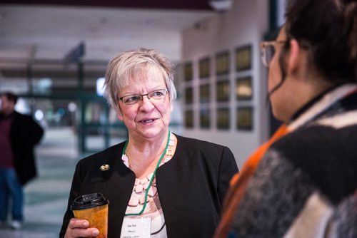 MIKAELA MACKENZIE / WINNIPEG FREE PRESS
Joy Sul, mayor of the rural municipality of St. Andrews, responds to an announcement of an additional $10 million in unconditional operating funding to rural municipalities at the RBC Convention Centre in Winnipeg on Tuesday, March 19, 2019. 
Winnipeg Free Press 2019.