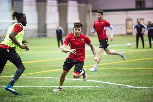 MIKAELA MACKENZIE / WINNIPEG FREE PRESS
Technical consultant John Peacock, a new addition to the Valour FC coaching staff, watches practice at the Subway South Soccer Complex in Winnipeg on Monday, March 18, 2019. 
Winnipeg Free Press 2019.