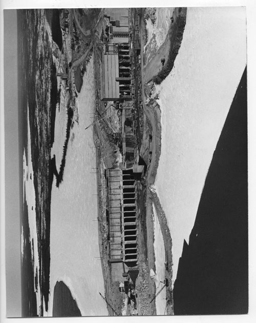WINNIPEG FREE PRESS FILES
April 29, 1969
Construction of the Kettle power site near Gillam is continuing and this aerial view of the upstream side of the project shows the inlet gates for the power station.