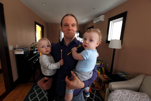 PHIL HOSSACK / WINNIPEG FREE PRESS - Travis Tomchuk and his twin sons Émile (left) and Anton at home Tuesday. See Jen Zoratti's story re Paternal Leave. - March19, 2019.