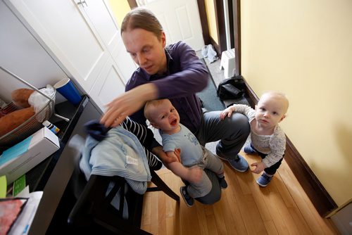 PHIL HOSSACK / WINNIPEG FREE PRESS - Travis Tomchuk and his twin sons Émile (right in Blue) and Anton at home Tuesday. See Jen Zoratti's story re Paternal Leave. - March19, 2019.