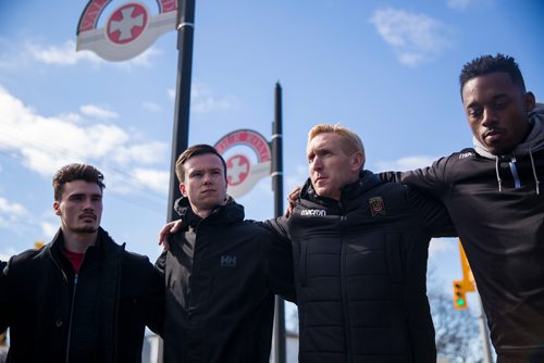 MIKAELA MACKENZIE / WINNIPEG FREE PRESS
Valour FC coach Rob Gale talks to the players while visiting the Valour Road Commemorative Plaza to learn about the inspiration and naming of Valour FC in Winnipeg on Wednesday, March 20, 2019. 
Winnipeg Free Press 2019.