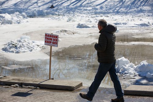 MIKE DEAL / WINNIPEG FREE PRESS
Warning signs alerting people to the danger of thin ice on the Assiniboine River at The Forks. The Winnipeg Police Service has been putting up signs along the Red and Assiniboine Rivers the last couple days as the weather has warmed up significantly. 
190320 - Wednesday, March 20, 2019.