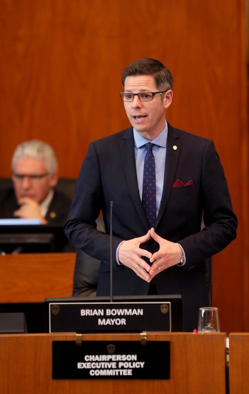 RUTH BONNEVILLE / WINNIPEG FREE PRESS

Local - City Hall budget.  
Winnipeg  mayor, Brian Bowman, addresses city council just prior to a vote for the 2019 budget which was passed by an 11-5 vote, at City Hall Tuesday.  


March 20,, 2019
