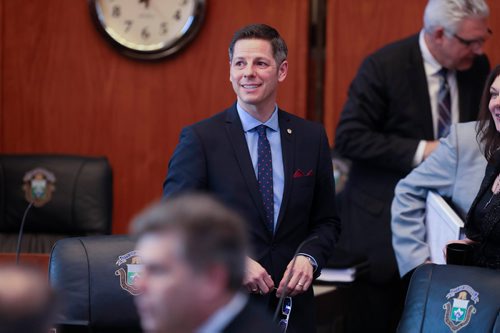 RUTH BONNEVILLE / WINNIPEG FREE PRESS

Local - City Hall budget.  
Winnipeg  mayor, Brian Bowman, is all smiles as he makes his way out of city hall after the 2019 budget was passed by an 11-5 vote, Tuesday.  


March 20,, 2019
