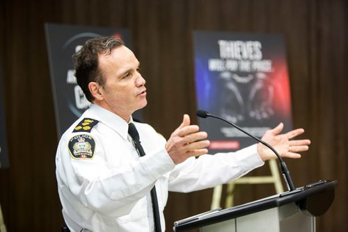 MIKAELA MACKENZIE / WINNIPEG FREE PRESS
Chief of Police Danny Smyth speaks at the Manitoba Liquor & Lotteries launch of a multi-point theft reduction plan at their Grant Park location in Winnipeg on Thursday, March 21, 2019. 
Winnipeg Free Press 2019.