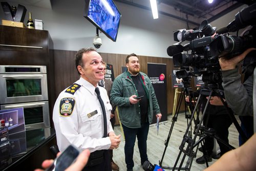 MIKAELA MACKENZIE / WINNIPEG FREE PRESS
Chief of Police Danny Smyth speaks the the media after the Manitoba Liquor & Lotteries launch of a multi-point theft reduction plan at their Grant Park location in Winnipeg on Thursday, March 21, 2019. 
Winnipeg Free Press 2019.