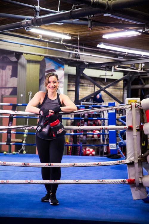 MIKAELA MACKENZIE / WINNIPEG FREE PRESS
Sabrina Carnevale, new health columnist, poses for a portrait at the at Pan Am Boxing Club before a noon class in Winnipeg on Thursday, March 21, 2019. 
Winnipeg Free Press 2019.