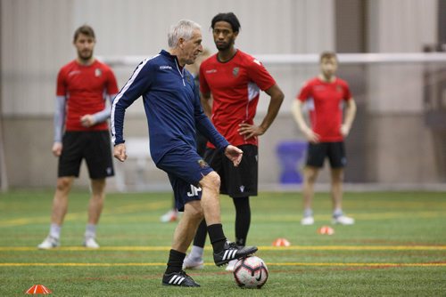 MIKE DEAL / WINNIPEG FREE PRESS
Valour FC technical coach John Peacock with the ball during training camp at the Winnipeg Subway Soccer South complex Thursday morning.
190321 - Thursday, March 21, 2019.