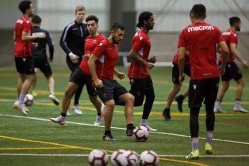 MIKE DEAL / WINNIPEG FREE PRESS
Valour FC Dylan Carreiro with the ball during training camp at the Winnipeg Subway Soccer South complex Thursday morning.
190321 - Thursday, March 21, 2019.