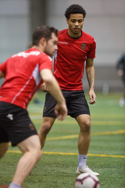 MIKE DEAL / WINNIPEG FREE PRESS
Valour FC Glenn Muenkat during training camp at the Winnipeg Subway Soccer South complex Thursday morning.
190321 - Thursday, March 21, 2019.