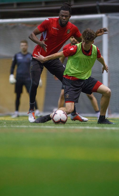 MIKE DEAL / WINNIPEG FREE PRESS
Valour FC Skylar Thomas (left) and Tyler Attardo (right) during training camp at the Winnipeg Subway Soccer South complex Thursday morning.
190321 - Thursday, March 21, 2019.