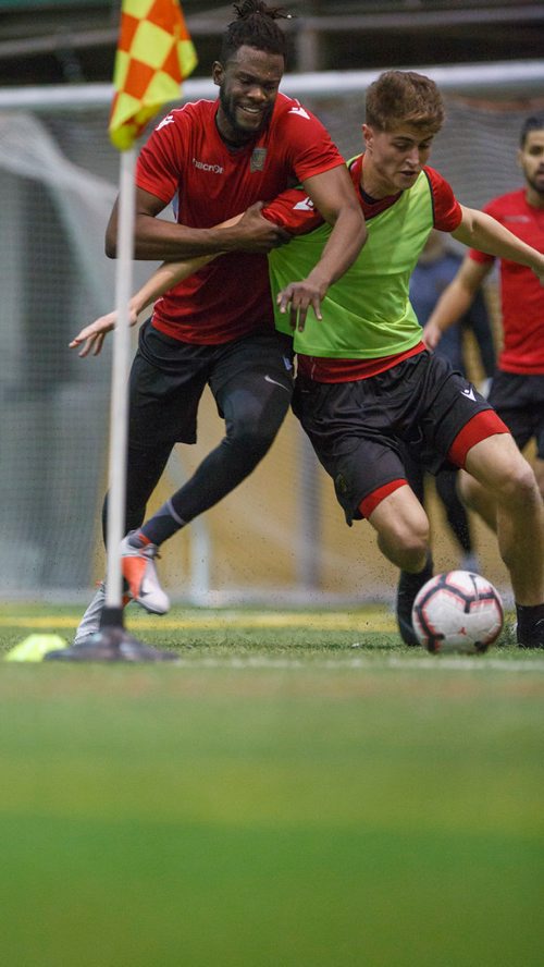 MIKE DEAL / WINNIPEG FREE PRESS
Valour FC Skylar Thomas (left) and Tyler Attardo (right) during training camp at the Winnipeg Subway Soccer South complex Thursday morning.
190321 - Thursday, March 21, 2019.