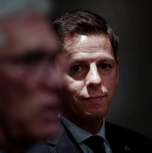 PHIL HOSSACK / WINNIPEG FREE PRESS - Mayor Brian Bowman listens as Federal Minister Jim Carr addresses a press briefing after they met Thursday to discuss infrastructure funding. Aldo Santin story.- March21, 2019.