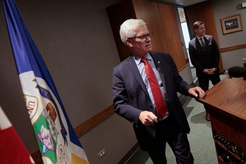 PHIL HOSSACK / WINNIPEG FREE PRESS - Federal Minister Jim Carr and Winnipeg Mayor Brian Bowman enter a press briefing after they met Thursday to discuss infrastructure funding. Aldo Santin story.- March21, 2019.