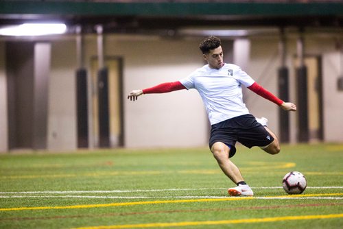 MIKAELA MACKENZIE / WINNIPEG FREE PRESS
Nicolas Galvis kicks the ball at Valour FC practice at the Subway South Soccer Complex in Winnipeg on Friday, March 22, 2019. 
Winnipeg Free Press 2019.