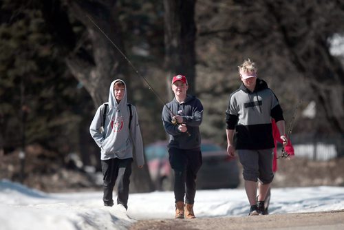 PHIL HOSSACK / WINNIPEG FREE PRESS - STANDUP Left to right, Ramon Wallace, Lucas Hutchinson and Tristan Vary make their way home along Wellington Crescent Saturday afternoon after a fishing expedition to Oman's Creek. Just a few nibbles they said, no fish fry tonite. -  March 23, 2019.