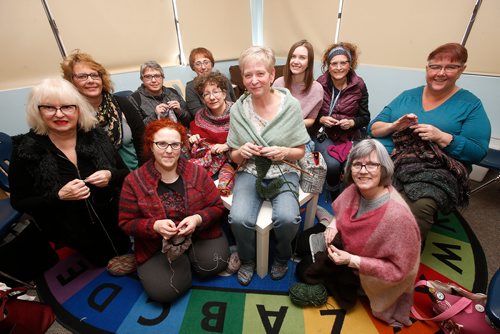 JOHN WOODS / WINNIPEG FREE PRESS
Shelley Kent, centre, is photographed with her knitting friends during a Norwood Naughty Knitters meeting at Norwood Community Centre in Winnipeg Sunday, March 24, 2019.