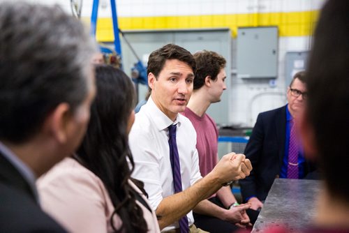 MIKAELA MACKENZIE / WINNIPEG FREE PRESS
Prime Minister Justin Trudeau speaks to students and officials while touring the Manitoba Institute of Trades and Technology in Winnipeg on Tuesday, March 26, 2019. 
Winnipeg Free Press 2019.