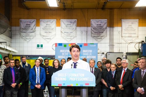 MIKAELA MACKENZIE / WINNIPEG FREE PRESS
Prime Minister Justin Trudeau announces the Canada Training Benefit and answers questions from the media at the Manitoba Institute of Trades and Technology in Winnipeg on Tuesday, March 26, 2019. 
Winnipeg Free Press 2019.