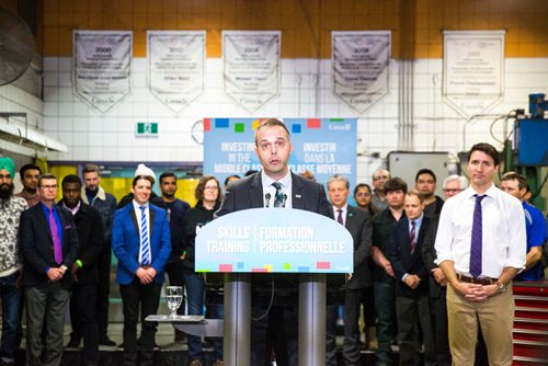 MIKAELA MACKENZIE / WINNIPEG FREE PRESS
Ray Karasevich, president and CEO of the Manitoba Institute of Trades and Technology, introduces Prime Minister Justin Trudeau at the institution in Winnipeg on Tuesday, March 26, 2019. 
Winnipeg Free Press 2019.