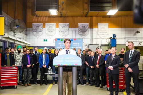 MIKAELA MACKENZIE / WINNIPEG FREE PRESS
Prime Minister Justin Trudeau announces the Canada Training Benefit and answers questions from the media at the Manitoba Institute of Trades and Technology in Winnipeg on Tuesday, March 26, 2019. 
Winnipeg Free Press 2019.