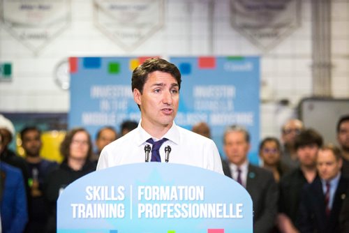 MIKAELA MACKENZIE / WINNIPEG FREE PRESS
Prime Minister Justin Trudeau announces the Canada Training Benefit and answers questions from the media at the Manitoba Institute of Trades and Technology in Winnipeg on Tuesday, March 26, 2019. 
Winnipeg Free Press 2019.