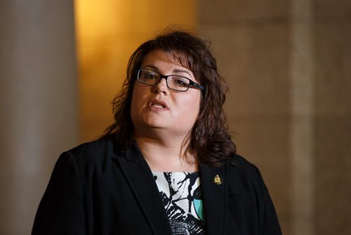 MIKE DEAL / WINNIPEG FREE PRESS
Crown Services Minister Colleen Mayer talks after the announcement Tuesday in the rotunda of the Manitoba Legislative building, regarding mandatory entry-level training for commercial truck drivers will be implemented this fall which will include 121.5 hours of training.
190326 - Tuesday, March 26, 2019.
