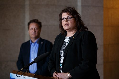 MIKE DEAL / WINNIPEG FREE PRESS
Crown Services Minister Colleen Mayer talks after the announcement Tuesday in the rotunda of the Manitoba Legislative building, regarding mandatory entry-level training for commercial truck drivers will be implemented this fall which will include 121.5 hours of training.
190326 - Tuesday, March 26, 2019.