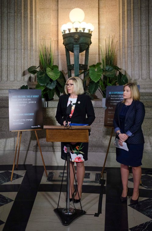 MIKE DEAL / WINNIPEG FREE PRESS
Sustainable Development Minister Rochelle Squires, minister responsible for the status of women, announces that the Manitoba government has revised its respectful workplace policy and launched a government-wide awareness campaign on sexual harassment.
190326 - Tuesday, March 26, 2019.