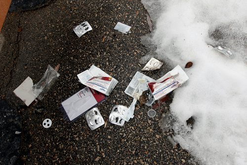 PHIL HOSSACK / WINNIPEG FREE PRESS - Trash associated with the making of meth litters Farlinger Park on Garden Park Drive north of Leila.  (NOTE: park is known as Farlinger on Google Maps but a sign in the park id's it as Chochinov Park). See Alex Paul's story. - March 26, 2019.