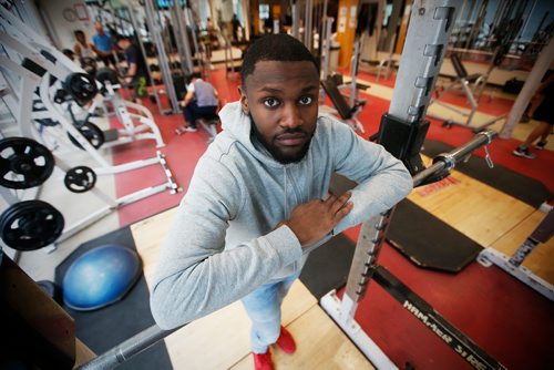 JOHN WOODS / WINNIPEG FREE PRESS
Narcisse Ambanza, University of Winnipeg Wesmen (U of W) basketball player, is photographed in the weight room at Duckworth Centre in Winnipeg Tuesday, March 26, 2019. Ambanza is one of six U SPORTS players to be drafted into the summer Canadian Elite Basketball League and still be eligible to play for the U of W in the fall.