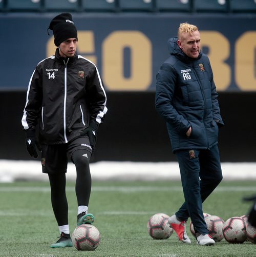 PHIL HOSSACK / WINNIPEG FREE PRESS  - Valour FC #14 Nicolás Galvis works out with the team Wednesday at Investors Group Field. Taylor Allen story. - March27, 2019.