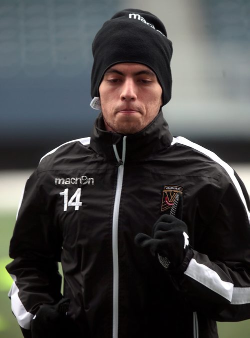 PHIL HOSSACK / WINNIPEG FREE PRESS  - Valour FC #14 Nicolás Galvis works out with the team Wednesday at Investors Group Field. Taylor Allen story. - March27, 2019.