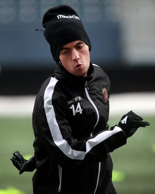 PHIL HOSSACK / WINNIPEG FREE PRESS - Valour FC #14 Nicolás Galvis works out with the team Wednesday at Investors Group Field. Taylor Allen story. - March27, 2019.
