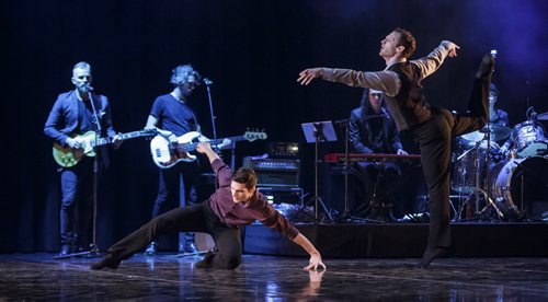 MIKE DEAL / WINNIPEG FREE PRESS
RWB dancers Ryan Vetter (purple shirt) and Liam Caines (beige shirt with vest) perform Ballet & the Band with live music from The Bros. Landreth during a media call at the Club Regent Event Centre Wednesday afternoon. The production will be running from March 28-30.
190327 - Wednesday, March 27, 2019.