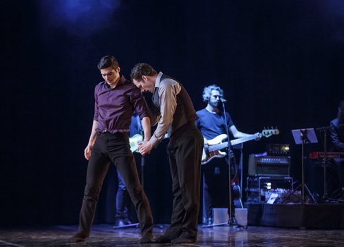 MIKE DEAL / WINNIPEG FREE PRESS
RWB dancers Ryan Vetter (purple shirt) and Liam Caines (beige shirt with vest) perform Ballet & the Band with live music from The Bros. Landreth during a media call at the Club Regent Event Centre Wednesday afternoon. The production will be running from March 28-30.
190327 - Wednesday, March 27, 2019.